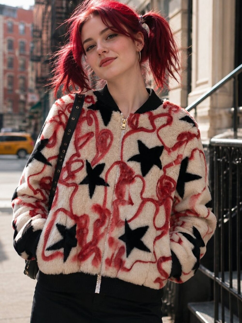 Andrew Marc New York Upcycled Faux Fur Bomber Jacket Women's Large Graffiti